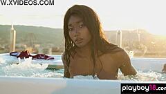 Smoking hot ebony teen Mimi Desuka strips natural tits pussy on rooftop then unwinds.