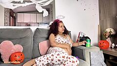 Chubby ebony in Halloween costume farts and burps on movie night