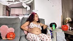 Chubby ebony in Halloween costume farts and burps on movie night