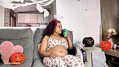 Chubby ebony in Halloween costume farts and burps on movie night
