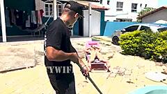 brazilian milf blonde waits for hubby to leave then fucks pool boy outdoors in see through outfit