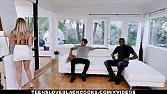 Skinny blonde teen Karla Kush takes two black monster cocks doggystyle