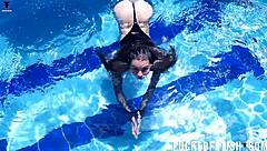 Petite latina Jessica Bunny's wet tits tease underwater pool
