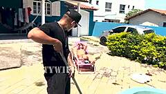 brazilian milf blonde waits for hubby to leave then fucks pool boy outdoors in see through outfit