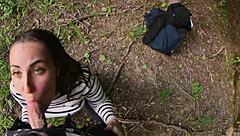 Having fun with stepsister during outdoor walk in woods