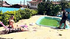 brazilian milf blonde waits for hubby to leave then fucks pool boy outdoors in see through outfit
