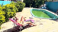 brazilian milf blonde waits for hubby to leave then fucks pool boy outdoors in see through outfit