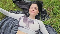 smoking on grass showing my huge natural tits boobs in sun garden