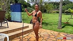 shower first with hose then dick pounding her wet pussy hard