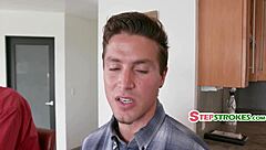 stepmom cooks while stepson fucks her through pants hole ignoring stepdad