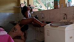 hey sexy ebony latina teen washing dishes anal fucked creampie orgasm natural tits homemade