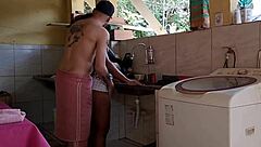 hey sexy ebony latina teen washing dishes anal fucked creampie orgasm natural tits homemade