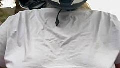 motogirl picks up guy on 99 bike grabs his hands on her big natural tits while riding he cums all over her tanned body