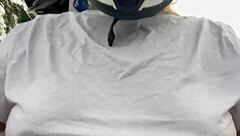 motogirl picks up guy on 99 bike grabs his hands on her big natural tits while riding he cums all over her tanned body