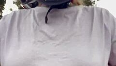 motogirl picks up guy on 99 bike grabs his hands on her big natural tits while riding he cums all over her tanned body