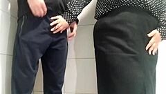 gorgeous milf gives a handjob in the public toilet during an unexpected outdoor encounter with mature curves