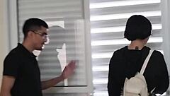 Young stud visits room owner and ends up stuffing her with monster cock right there