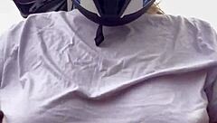 motogirl picks up guy on 99 bike grabs his hands on her big natural tits while riding he cums all over her tanned body
