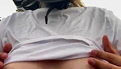 motogirl picks up guy on 99 bike grabs his hands on her big natural tits while riding he cums all over her tanned body