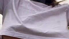 motogirl picks up guy on 99 bike grabs his hands on her big natural tits while riding he cums all over her tanned body