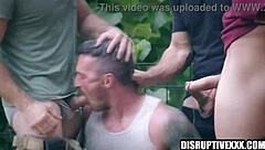 athletic hunk endures double anal gangbang deepthroats in forest