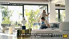 Slutty girlfriend sucks daddy's cock then stripteases for another right there