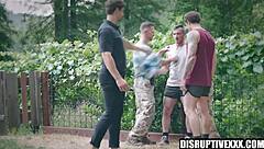 athletic hunk endures double anal gangbang deepthroats in forest