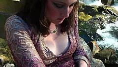 Hey check this sweet babe fingering pussy with vibrator outdoors