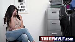 hey black haired becky bandini milf caught stealing bends over office desk for deepthroat blowjob and creampie