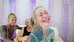 tattooed sluts take threesome pounding to facial cum gape glory