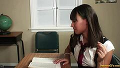 so nadia gives a sloppy blowjob then bends over school desk for hardcore tits bouncing fuck