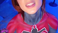 whoa, hot spiderwoman rides fan's cock till he explodes inside