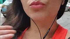 Latina walks outdoors with no panties flashing her natural tits and pussy