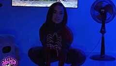 whoa, hot spiderwoman rides fan's cock till he explodes inside