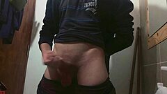 Skinny Solo Tease Strokes Monster Cock in Steamy Bathroom Play