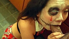 curvy asian in halloween cosplay rides monster cock to huge facial finish