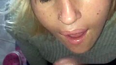 amateur slut deepthroats and swallows massive cum facial