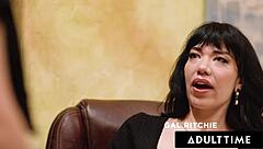 Horny employee Ritchie sends nudes by mistake, scissors her lesbian boss Puck in wild office tribbing