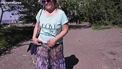 i'm a hairy mature flashing my pussy thru see-thru dress outside