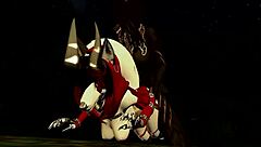 little red woof rides furry monster rough in forest