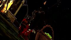 little red woof rides furry monster rough in forest