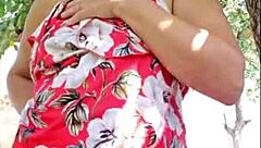 curvy blonde milf with hairy pussy and natural tits masturbates outdoors