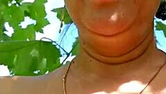 curvy blonde milf with hairy pussy and natural tits masturbates outdoors