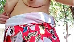 curvy blonde milf with hairy pussy and natural tits masturbates outdoors