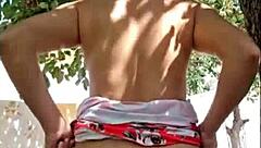 curvy blonde milf with hairy pussy and natural tits masturbates outdoors