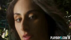 Arab milf Leighla Habib strips petite body outdoors for Playboy