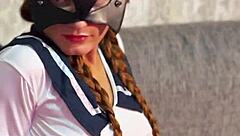 Naughty redhead in pantyhose cosplay date ends CUM COATED