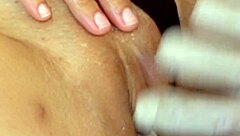 Close-up creampie fills wet panties on stepsister's pussy