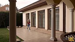 old man bonks skinny girl's shaved mouth then tight pussy