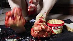 Muscular milf smears peanut butter on toes for footjob fantasy